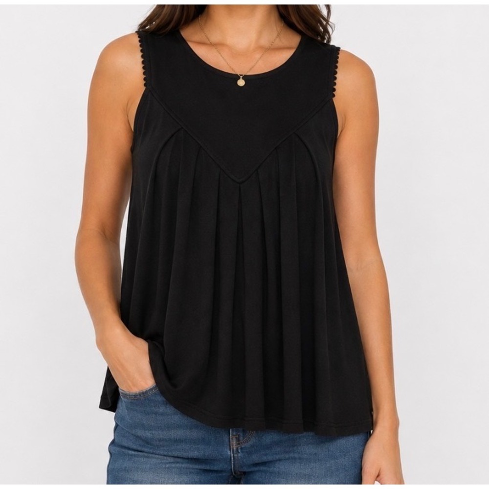 Telluride Womens black sleeveless pleated babydoll tunic top L NWT Stretch Knit